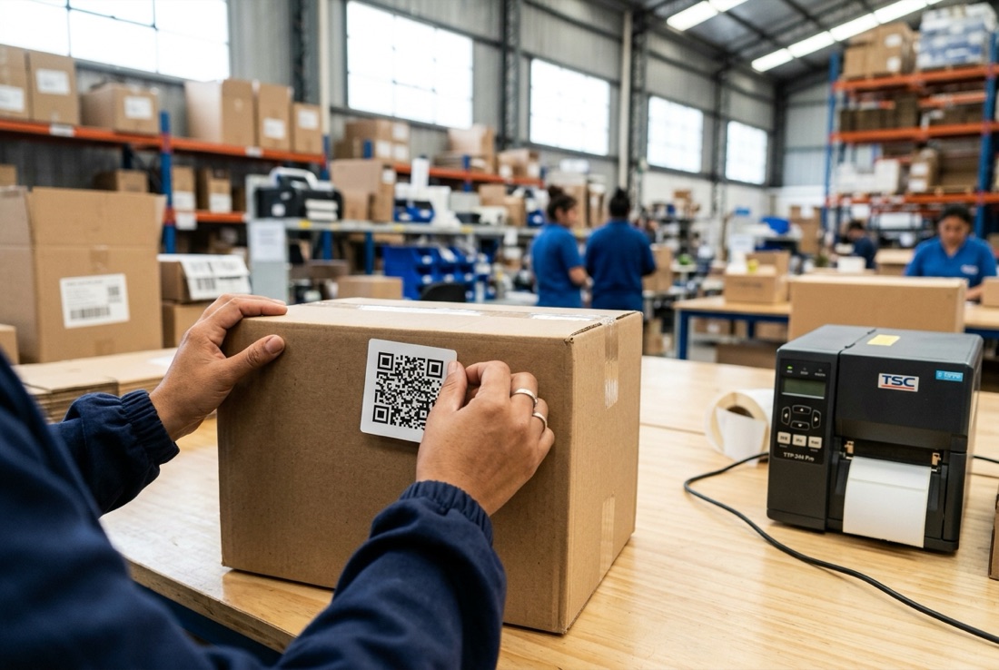 Manos pegando una etiqueta con c&oacute;digo QR sobre una caja en la mesa de empaque