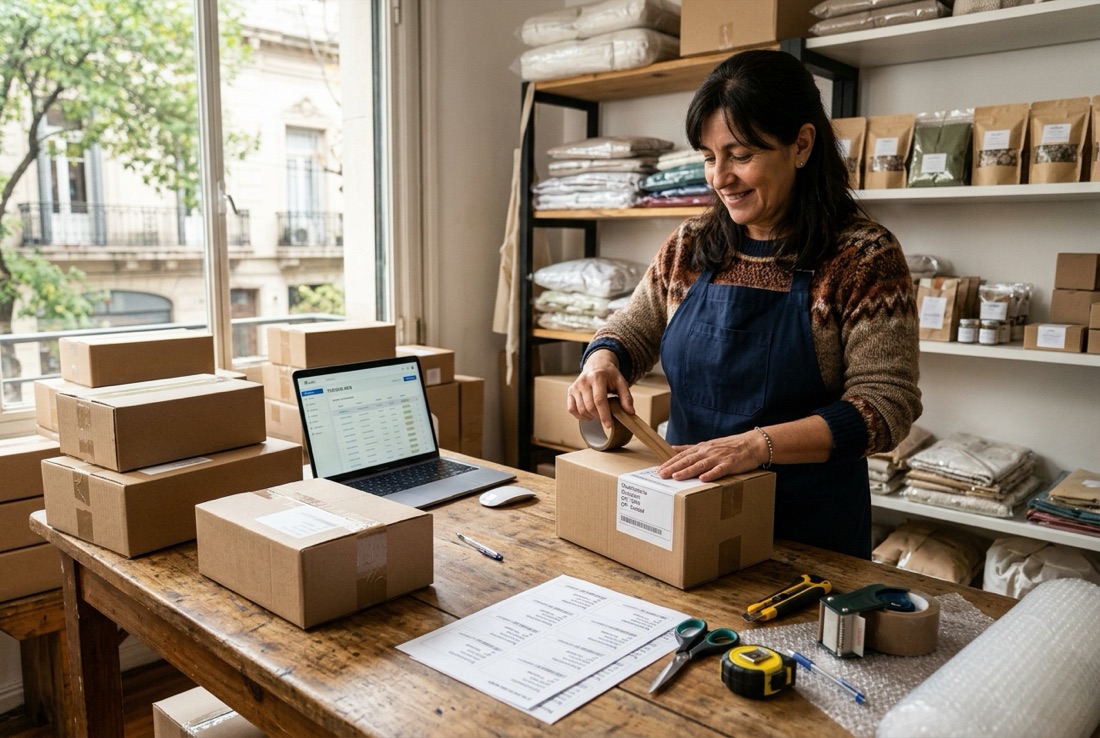 Due&ntilde;a de una tienda online preparando pedidos con etiquetas de env&iacute;o