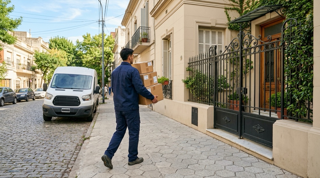 Repartidor llevando paquetes hasta la puerta de una casa en Buenos Aires