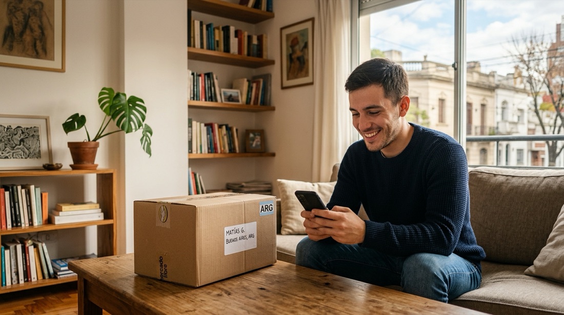 Cliente revisando en su celular el estado de su env&iacute;o reci&eacute;n entregado