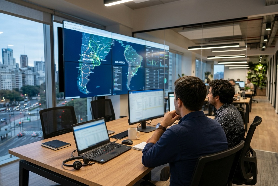 Equipo de operaciones monitoreando rutas de distribuci&oacute;n en pantallas con mapas de Argentina