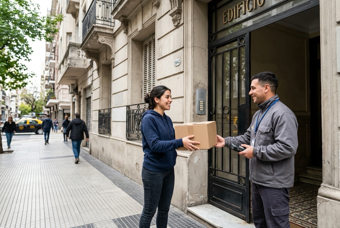 Destinataria recibiendo su paquete en la puerta de un edificio porte&ntilde;o